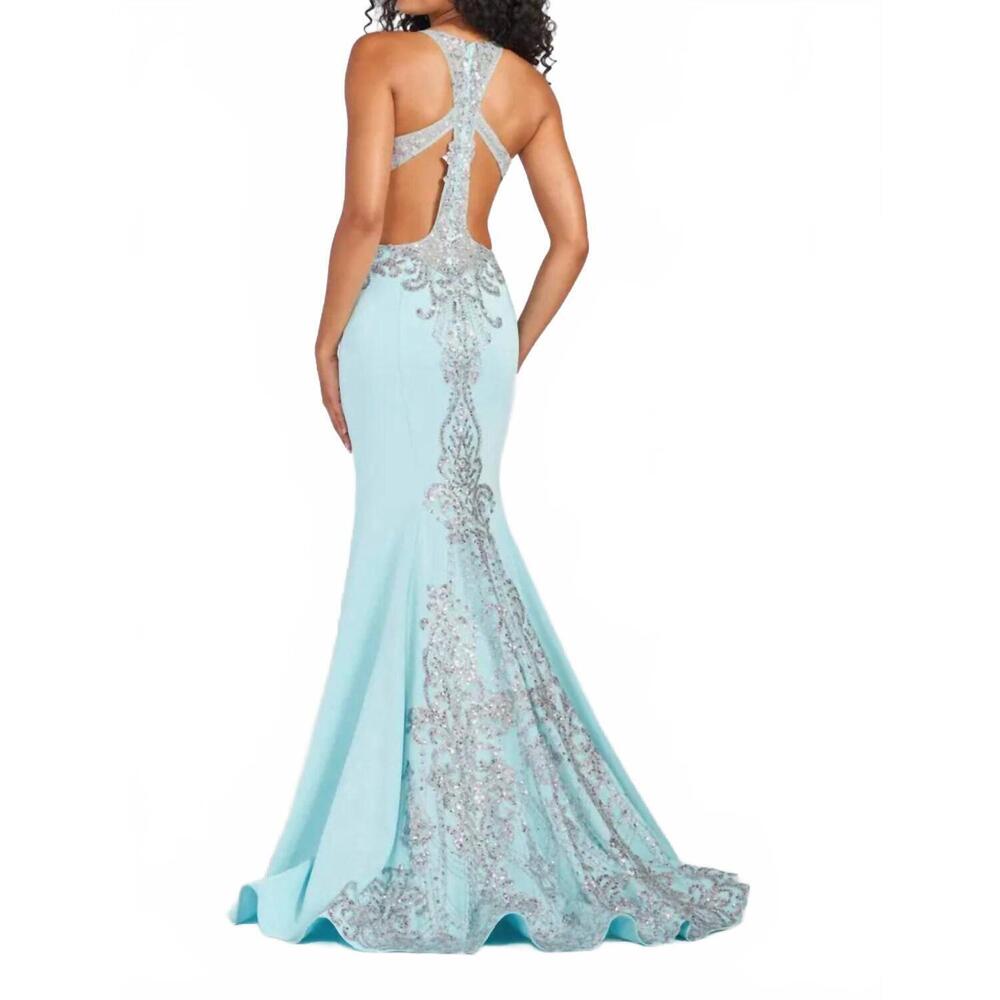 NEW MON CHERI stretch crepe fit & flare gown in aqua/silver